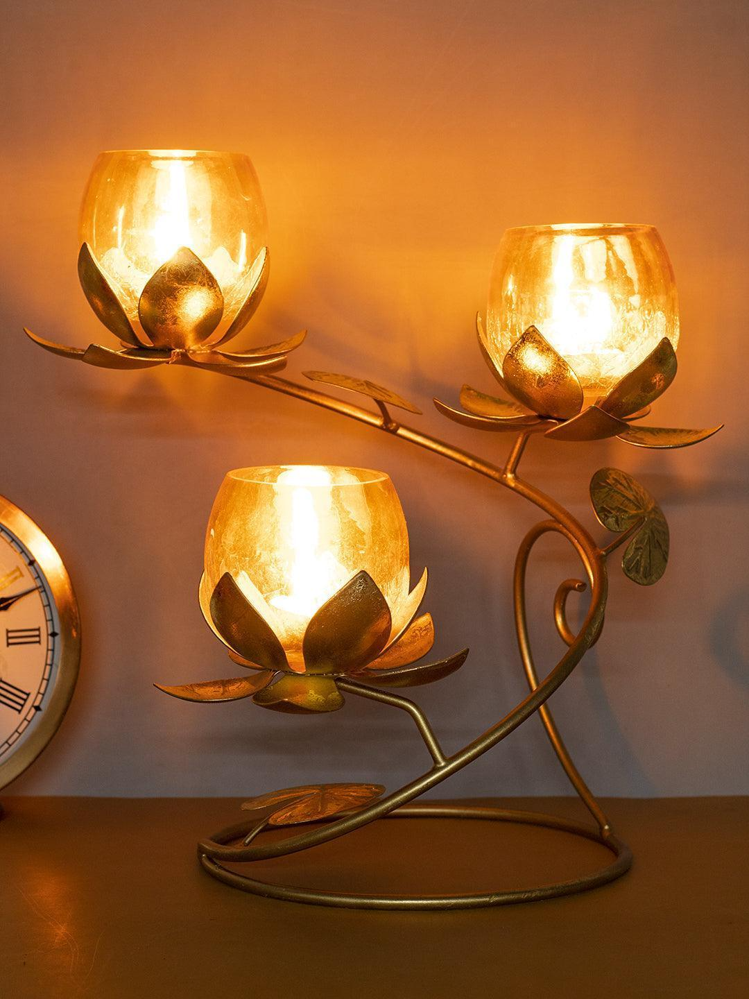 Golden 3-in-1 Lotus Glass Tea Light Holder for Diwali 2025 | 27x25x30cm Iron Premium Indian Decor